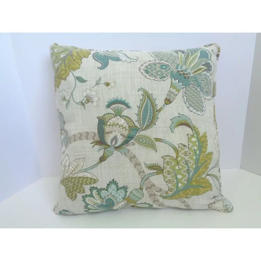 Pier 1 Linen Blue Floral Throw Pillow Flowers Green Leaves 17” Cottage Set of 2